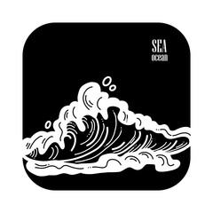 Sea wave, powerful splash energy of nature. Nautical ocean theme with ocean storm, summer holiday. For surfing and sailing decoration element. Hand drawn illustration. Chalkboard style drawing.