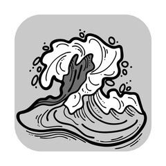 Sea wave, powerful splash energy of nature. Nautical ocean theme with ocean storm, summer holiday. For surfing and sailing decoration element. Hand drawn illustration. Cartoon style monochrome drawing