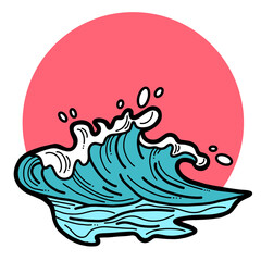 Sea wave, powerful splash energy of nature. Nautical ocean theme with ocean storm, summer holiday. For surfing and sailing decoration element. Hand drawn illustration. Old comic cartoon style drawing.