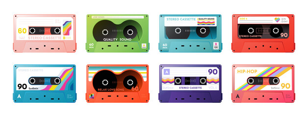 Music cassette stickers. Retro hipster audio tape with mix of modern rock elements, 90s mixtape. Bright colorful isolated trendy design elements. Disco and rock vintage. Vector doodle collection