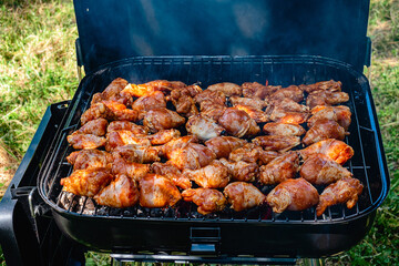Spicy chicken legs and wings grilling in a portable barbecue.