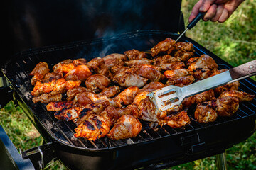 Spicy chicken legs and wings grilling in a portable barbecue.