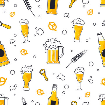 Beer pattern. Alcohol brewery. Bar menu. Mug of Octoberfest restaurant. Pub style drawing. Ale pints and crackers. Barley and wheat. Lager bottles. Foam drink. Vector seamless background