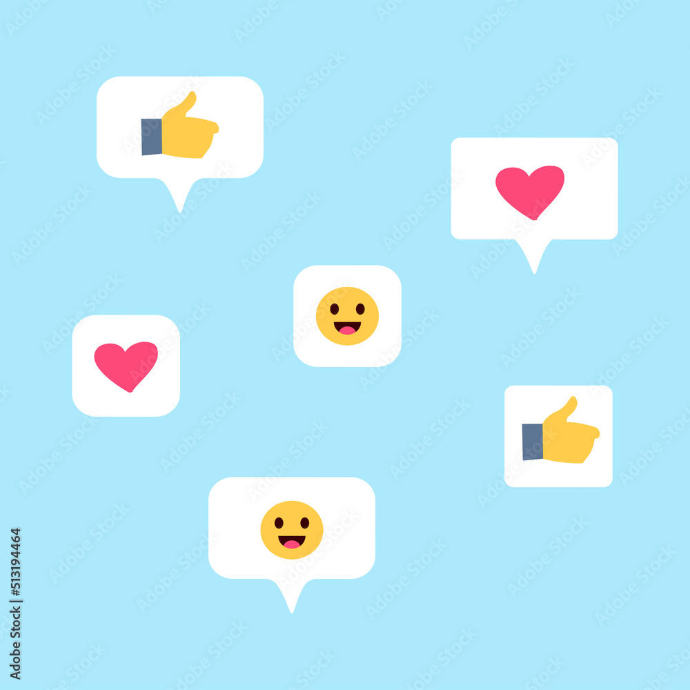 Poster people using phone. web messenger speech bubbles with emotions. chatting online. approved hands sign