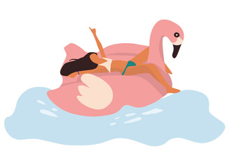 People at beach. Cartoon woman swimming with inflatable mattress. Summer outdoor vacation. Pool party. Girl lying on inflated flamingo. Sunbathing female character. Vector sea rest