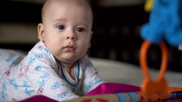 Newborn Active Baby Cute Smiling Teethless Face Portrait Early Days On Stomach Developing Neck Control. 5 Months Child In Playpen Gnaws Toys Look At Camera. Infant, Childbirth, Beginning Concept