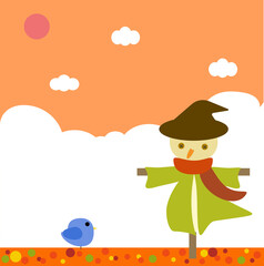 Cartoon cute autumn landscape with scarecrow and bird. Beautiful sunset orange sky background, countryside, cloudy weather. Backdrop wonderland banner in fall season. Vector, illustration, EPS10