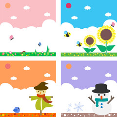 Obraz na płótnie Canvas Cartoon cute four seasons landscape. Rural sky background with pink, blue, orange and purple color, countryside, cloudy weather. Backdrop wonderland banner. Vector, illustration, EPS10