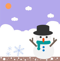Cartoon cute winter landscape with snowman and snowflake. Sunlight,  purple sky background, countryside, cloudy weather. Backdrop wonderland banner in winter season. Vector, illustration, EPS10
