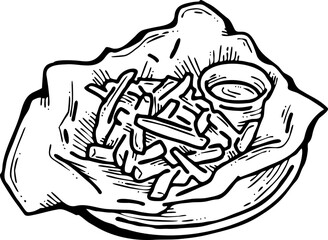 Crispy crunchy tasty French fries. Junk food for restaurant menu. Fried potatoes pommes frites unhealthy fast food. Hand drawn retro vintage old style vector illustration. Comics cartoon drawing.