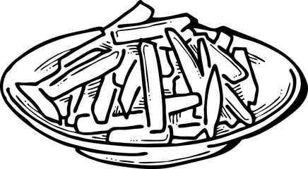 Crispy crunchy tasty French fries. Junk food for restaurant menu. Fried potatoes pommes frites unhealthy fast food. Hand drawn retro vintage old style vector illustration. Comics cartoon drawing.