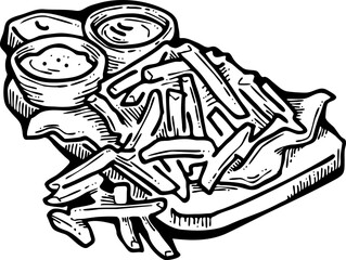 Crispy crunchy tasty French fries. Junk food for restaurant menu. Fried potatoes pommes frites unhealthy fast food. Hand drawn retro vintage old style vector illustration. Comics cartoon drawing.