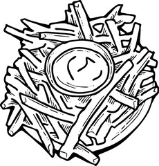 Crispy crunchy tasty French fries. Junk food for restaurant menu. Fried potatoes pommes frites unhealthy fast food. Hand drawn retro vintage old style vector illustration. Comics cartoon drawing.