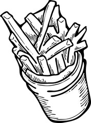 Crispy crunchy tasty French fries. Junk food for restaurant menu. Fried potatoes pommes frites unhealthy fast food. Hand drawn retro vintage old style vector illustration. Comics cartoon drawing.