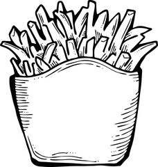 Crispy crunchy tasty French fries. Junk food for restaurant menu. Fried potatoes pommes frites unhealthy fast food. Hand drawn retro vintage old style vector illustration. Comics cartoon drawing.
