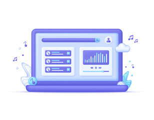 3D Favorite playlist with tracks, search music and audio streaming. Music player concept. Online music. Can be used for many purposes. Trendy and modern vector in 3d style