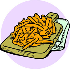 Crispy crunchy tasty French fries. Junk food for restaurant menu. Fried potatoes pommes frites unhealthy fast food. Hand drawn retro vintage colorful vector illustration. Comics cartoon style drawing.