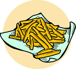 Fototapeta premium Crispy crunchy tasty French fries. Junk food for restaurant menu. Fried potatoes pommes frites unhealthy fast food. Hand drawn retro vintage colorful vector illustration. Comics cartoon style drawing.