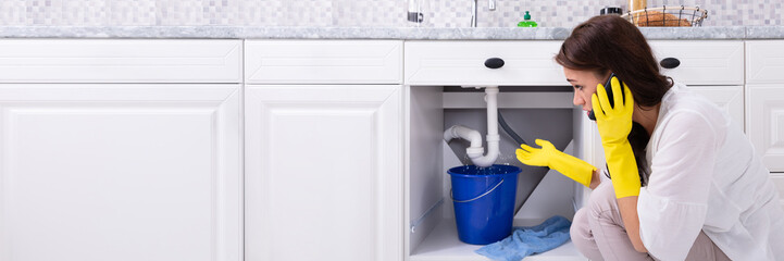 Woman Calling Plumber In Front Of Water Leaking From Pipe