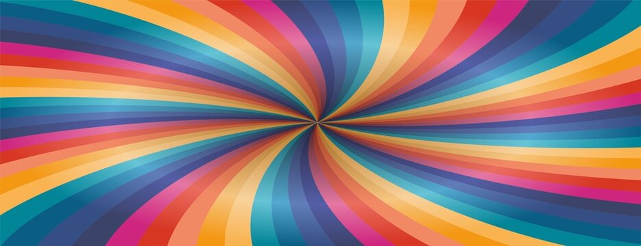 Cool panoramic, colorful sunbeam vortex background, banner. Vector illustration. Dimension 3:1.