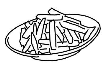 Crispy crunchy tasty French fries. Junk food for restaurant menu. Fried potatoes pommes frites unhealthy fast food to go. Hand drawn black and white illustration. Comics cartoon line drawing.