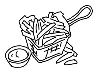 Crispy crunchy tasty French fries. Junk food for restaurant menu. Fried potatoes pommes frites unhealthy fast food to go. Hand drawn black and white illustration. Comics cartoon line drawing.