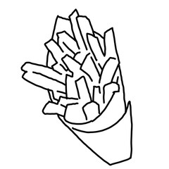 Crispy crunchy tasty French fries. Junk food for restaurant menu. Fried potatoes pommes frites unhealthy fast food to go. Hand drawn black and white illustration. Comics cartoon line drawing.