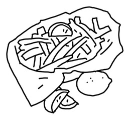 Crispy crunchy tasty French fries. Junk food for restaurant menu. Fried potatoes pommes frites unhealthy fast food to go. Hand drawn black and white illustration. Comics cartoon line drawing.