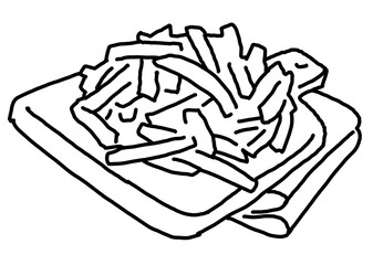 Crispy crunchy tasty French fries. Junk food for restaurant menu. Fried potatoes pommes frites unhealthy fast food to go. Hand drawn black and white illustration. Comics cartoon line drawing.