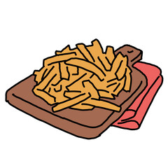 Crispy crunchy tasty French fries. Junk food for restaurant menu. Fried potatoes pommes frites unhealthy fast food. Hand drawn colorful illustration. Comics cartoon drawing.