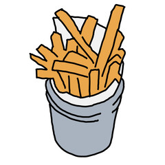 Crispy crunchy tasty French fries. Junk food for restaurant menu. Fried potatoes pommes frites unhealthy fast food. Hand drawn colorful illustration. Comics cartoon drawing.