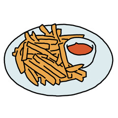Crispy crunchy tasty French fries. Junk food for restaurant menu. Fried potatoes pommes frites unhealthy fast food. Hand drawn colorful illustration. Comics cartoon drawing.
