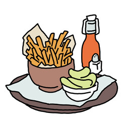 Crispy crunchy tasty French fries. Junk food for restaurant menu. Fried potatoes pommes frites unhealthy fast food. Hand drawn colorful illustration. Comics cartoon drawing.