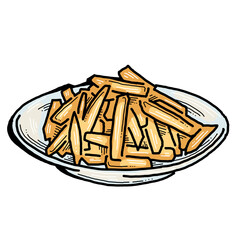 Crispy crunchy tasty French fries. Junk food for restaurant menu. Fried potatoes pommes frites unhealthy fast food. Hand drawn retro vintage old style vector illustration. Comics cartoon drawing.