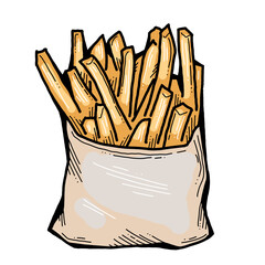 Crispy crunchy tasty French fries. Junk food for restaurant menu. Fried potatoes pommes frites unhealthy fast food. Hand drawn retro vintage old style vector illustration. Comics cartoon drawing.