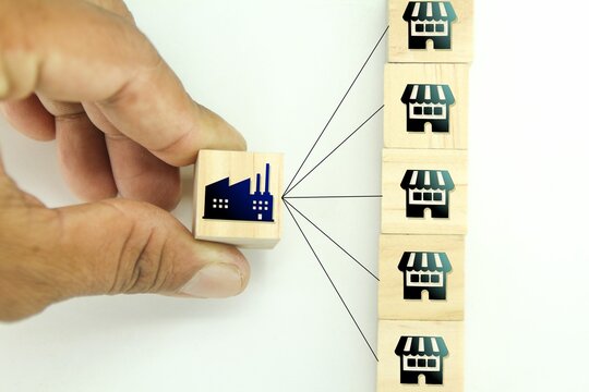 The factory is connected to many stores. Economic relations of supply of goods