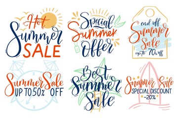 Summer sale. Special offer lettering, season discount and tropical paradise vacation promo vector set
