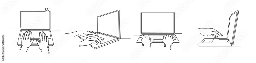 Poster one line laptop with hands. people typing on notebook computer keyboard, internet communication and 