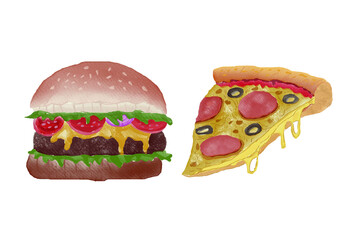 Watercolour fast food clipart Burger and Pizza hand-drawn watercolour illustration on white background