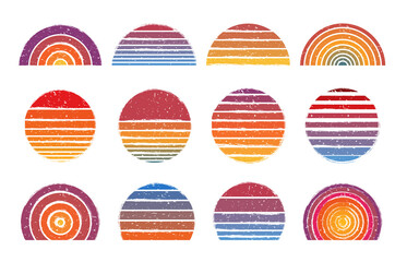 Retro sun circles. Vintage striped sunset and retro sunrise gradient lines with grunge texture vector set