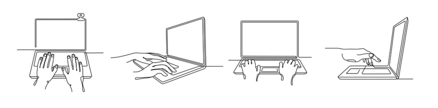 One line laptop with hands. People typing on notebook computer keyboard, internet communication and online working illustration vector set