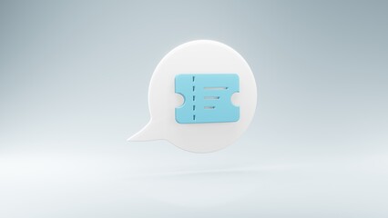 Ticket-Icon auf einer weisser Sprechblase mit hellem Hintergrund, 3D-Rendering