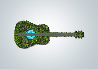 Green trees guitar shape. 3d illustration metaphor for music, travel, concert, festival, jazz,...