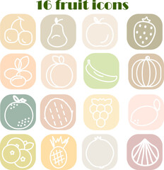 Set of sixteen fruit icons on coloured stickers. Fruit outlines, vector illustrations. Healthy organic food concept.