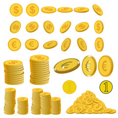 Gold coins, golden dollar coins, money pile, stacked cash. Casino bonus, profits and income earnings