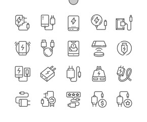 Mobile phone charger. Power adapter. Wireless charger. Buy, price and product reviews. Pixel Perfect Vector Thin Line Icons. Simple Minimal Pictogram