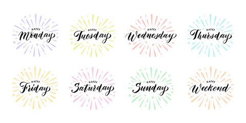 Happy week days lettering. Calligraphic weekend and weekday names with burst splash, handwritten diary titles vector set