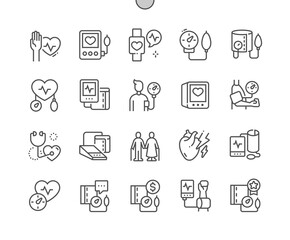 Tonometer. Blood pressure measurement. Elderly people. Heart attack. Health care, medical and medicine. Pixel Perfect Vector Thin Line Icons. Simple Minimal Pictogram