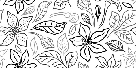 VECTOR HORIZONTAL SEAMLESS WHITE FLORAL PATTERN WITH BLACK LILIES