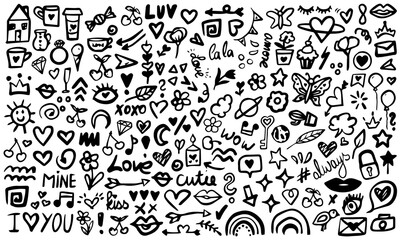 Collection of doodled icons. Bundle of different hand drawn design elements.